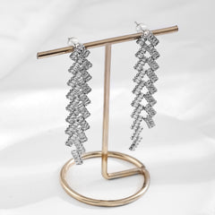 Long Geometric Wave-shaped Tassel Earrings with Zircon Inlay