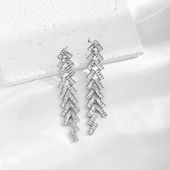 Long Geometric Wave-shaped Tassel Earrings with Zircon Inlay